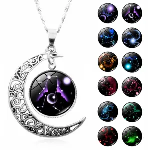 Wholesale 12 Constellations Crescent Time Gem Moon Necklaces