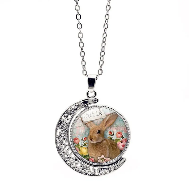 Wholesale Alloy Easter Bunny Reversible Rotating Moon Necklace