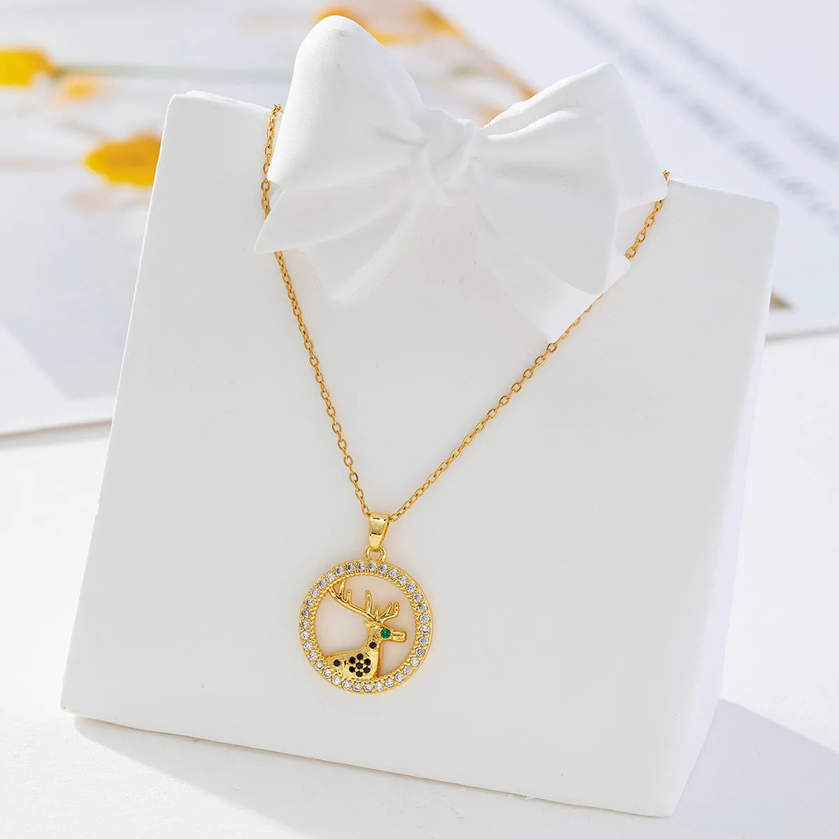 Wholesale Christmas Elk Electroplated Micro Set Zircon Necklace