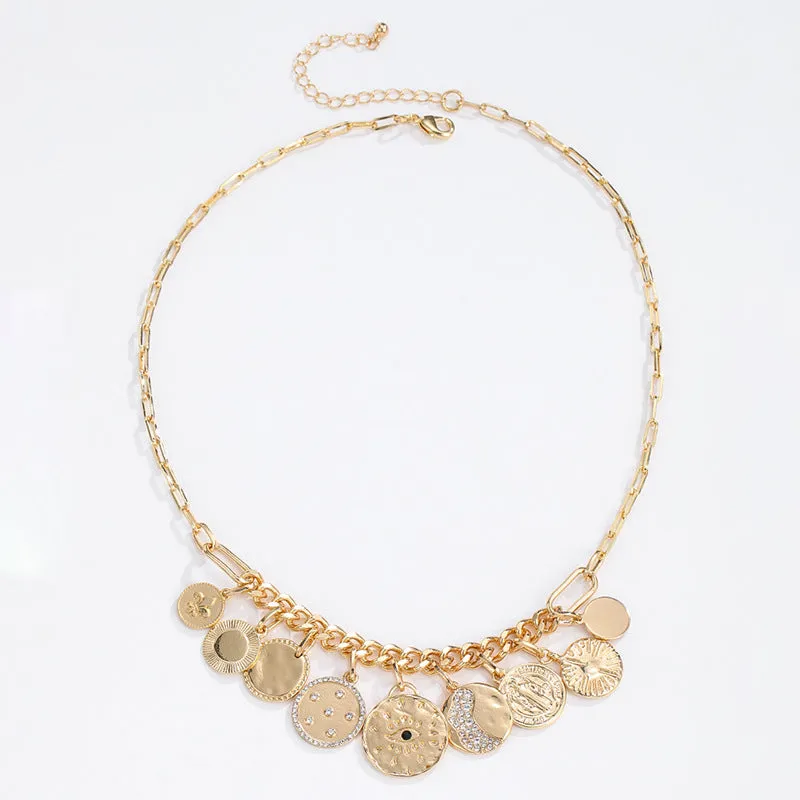 Wholesale Coin Inlaid Diamond Relief Alloy Necklaces