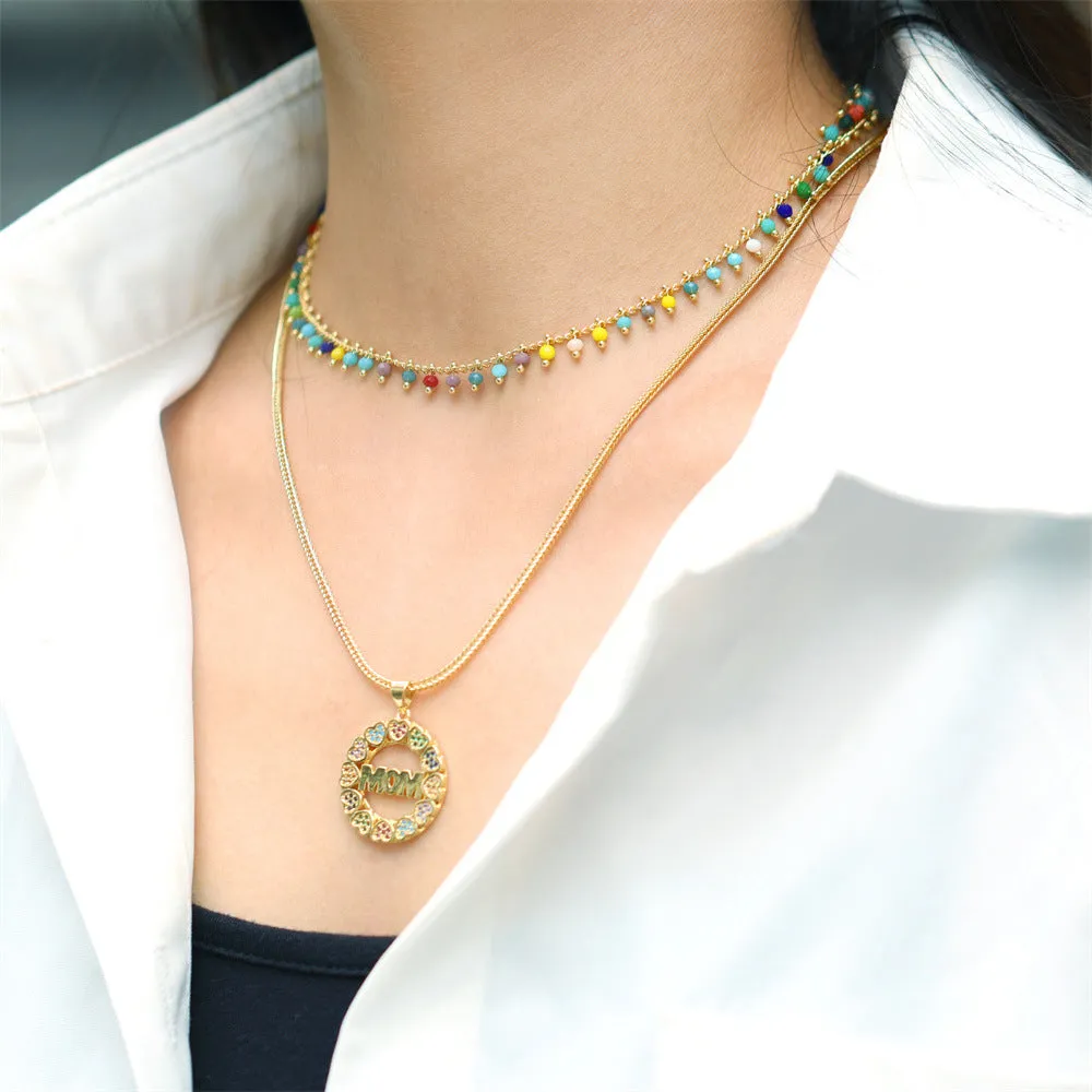 Wholesale Copper Mother's Day Gift MOM Heart Letter Diamond Necklace