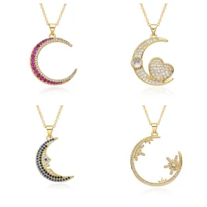 Wholesale Copper Plated 18K Gold Colored Zircon Moon Love Necklace