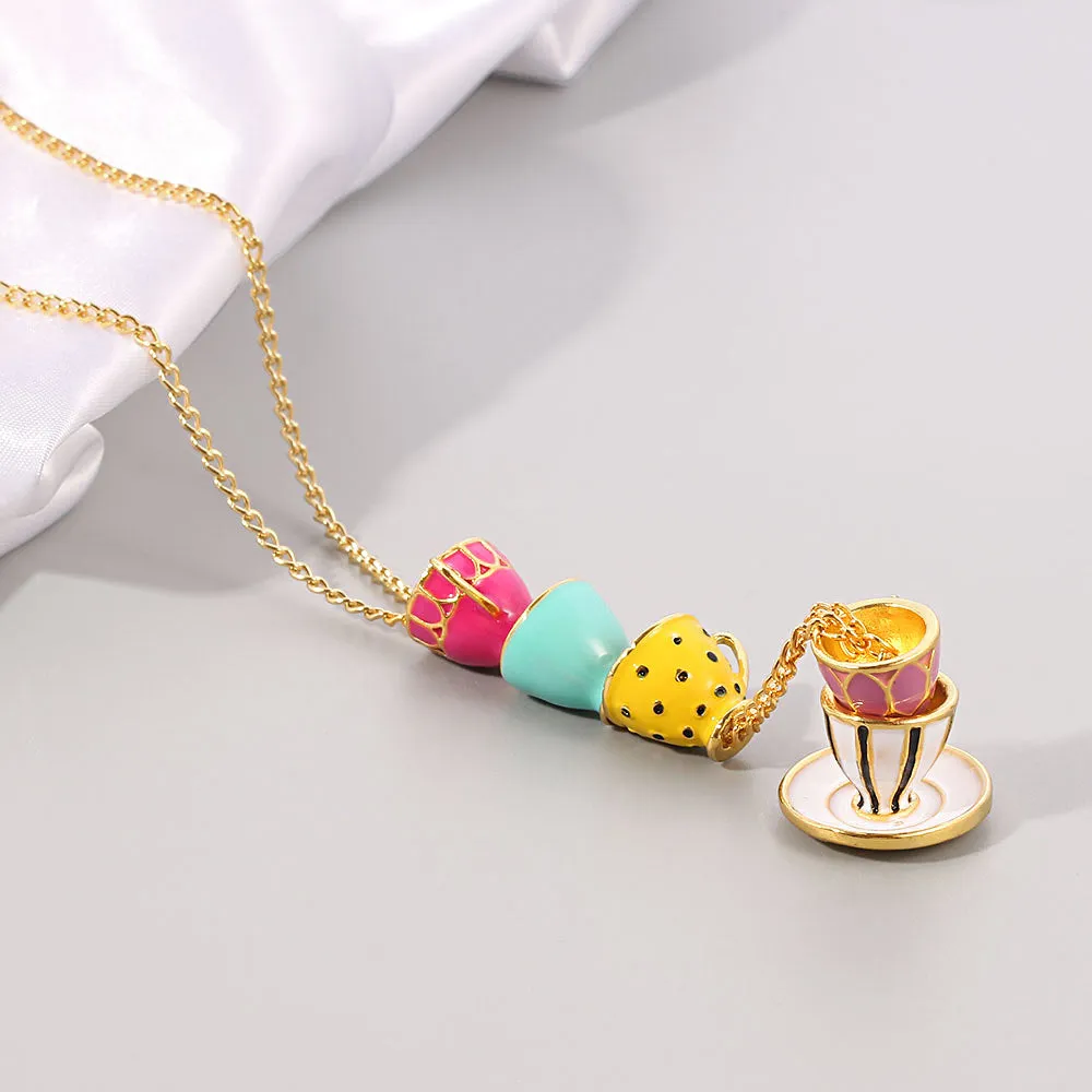 Wholesale Enamel Glaze Tea Cup Long Alloy Necklace