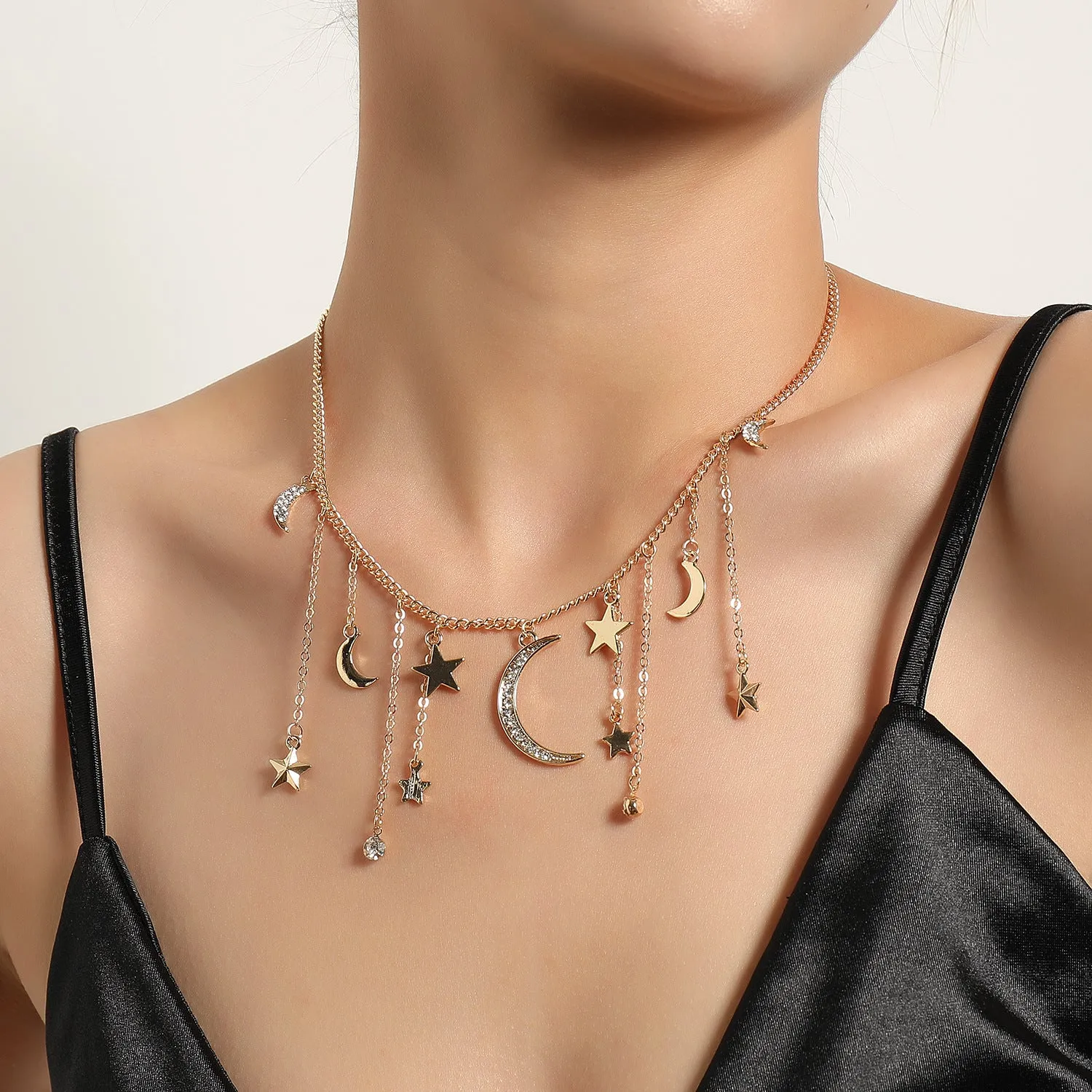 Wholesale Full Diamond Crescent Five Pointed Star Tassel Pendant Alloy Necklace