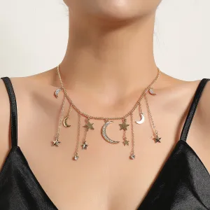 Wholesale Full Diamond Crescent Five Pointed Star Tassel Pendant Alloy Necklace