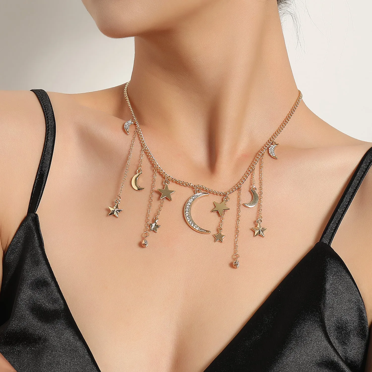 Wholesale Full Diamond Crescent Five Pointed Star Tassel Pendant Alloy Necklace