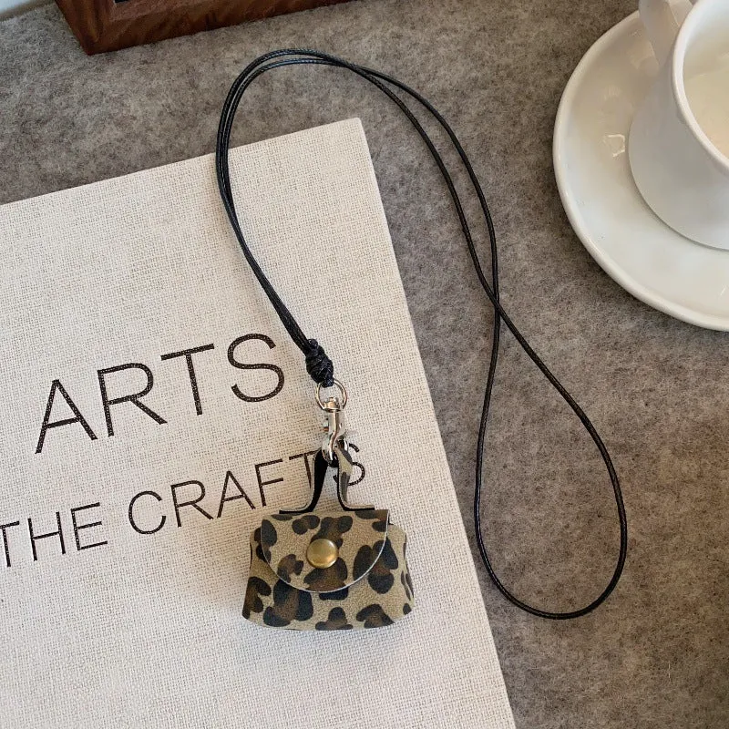Wholesale Leopard Print Leather Small Coin Purse Earphone Cover Pendant Leather Cord Long Necklaces