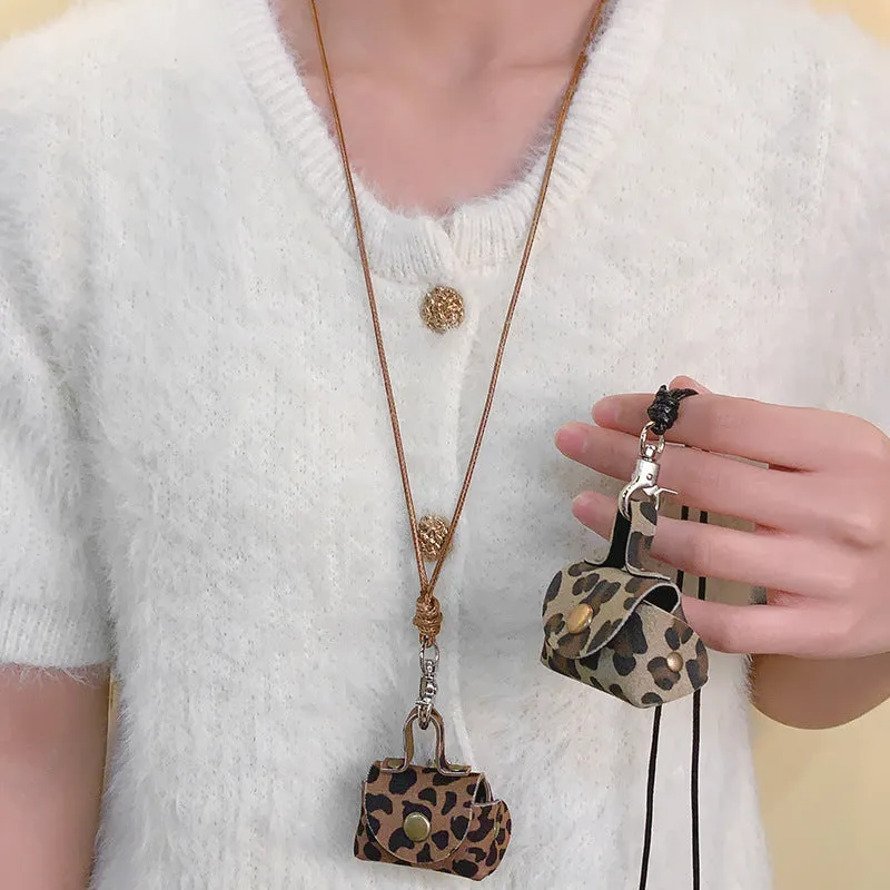 Wholesale Leopard Print Leather Small Coin Purse Earphone Cover Pendant Leather Cord Long Necklaces