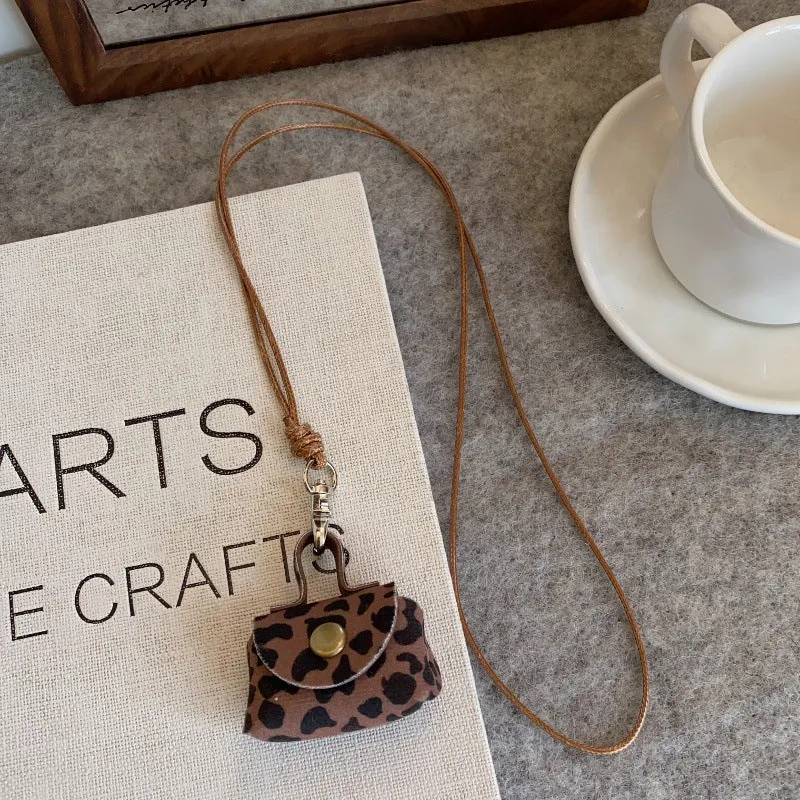 Wholesale Leopard Print Leather Small Coin Purse Earphone Cover Pendant Leather Cord Long Necklaces
