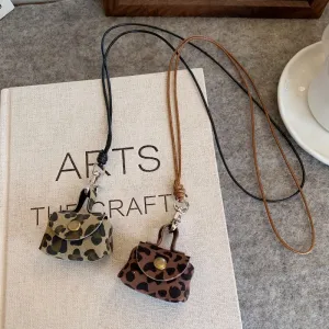 Wholesale Leopard Print Leather Small Coin Purse Earphone Cover Pendant Leather Cord Long Necklaces