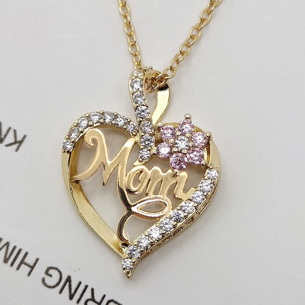 Wholesale Love Flower MOM Diamond Set Alloy Necklace
