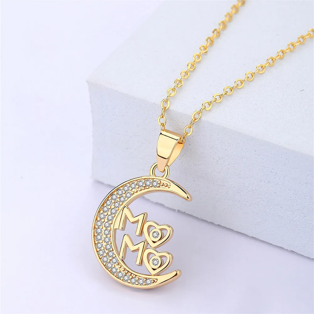 Wholesale Mother's Day Gift Copper Zircon MAMA Pendant Moon Necklace