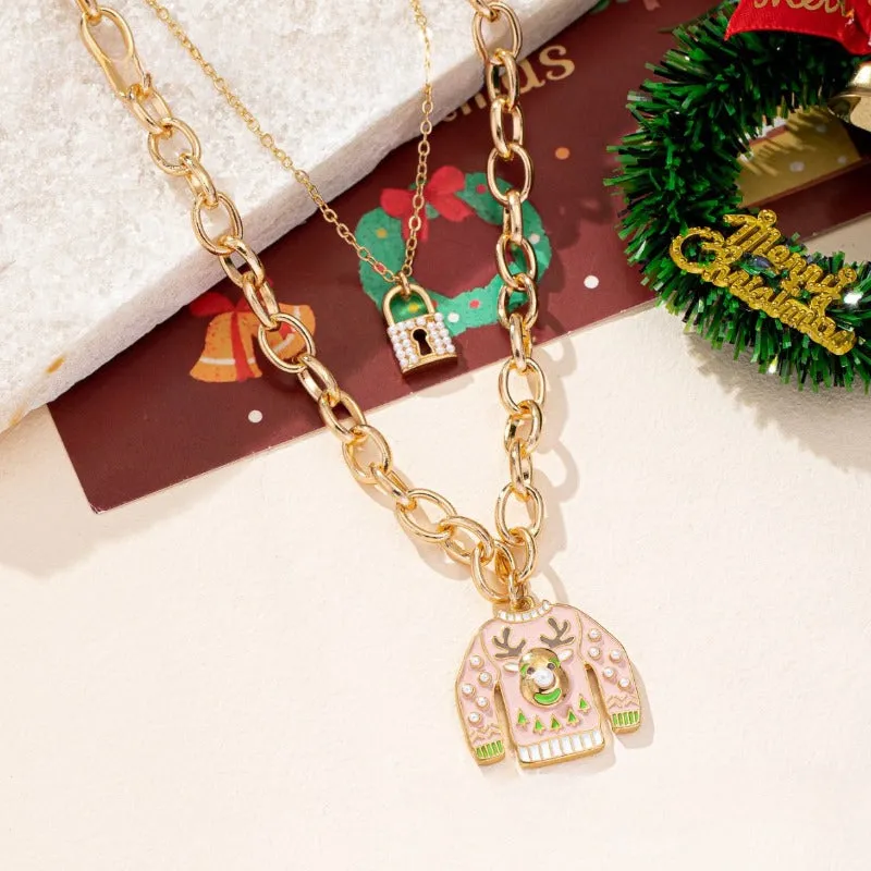 Wholesale Multicolor 14K Bright Gold Full Imitation Pearl Small Lock Multi-layer High-grade Oil Drop Sweater Christmas Necklaces