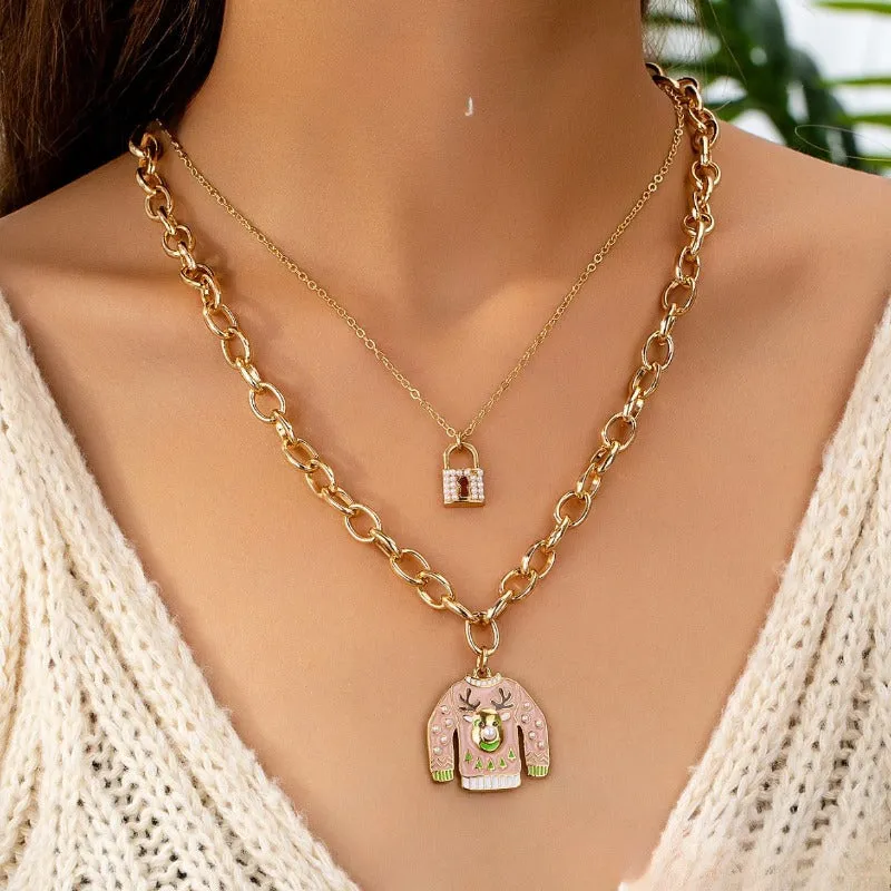 Wholesale Multicolor 14K Bright Gold Full Imitation Pearl Small Lock Multi-layer High-grade Oil Drop Sweater Christmas Necklaces
