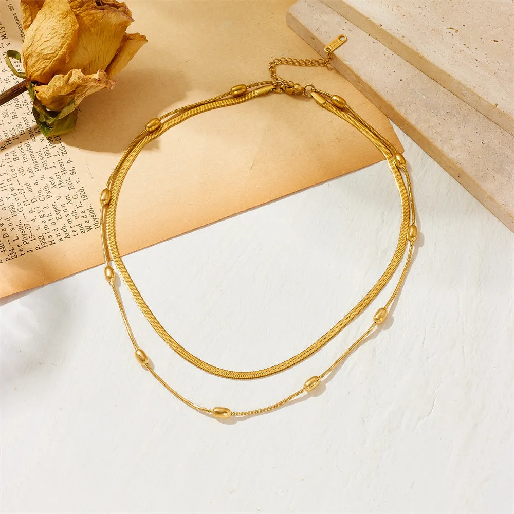 Wholesale Rice Grain Bead Blade Chain Double Layer Stacked Titanium Steel Necklace