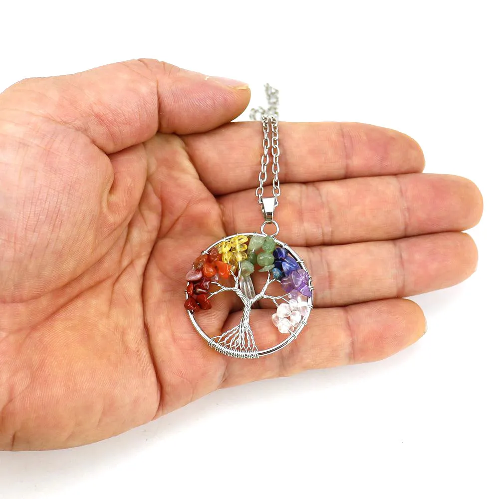 Wholesale Silver Hand-wound Colorful Crystal Gravel Tree of Life Necklace