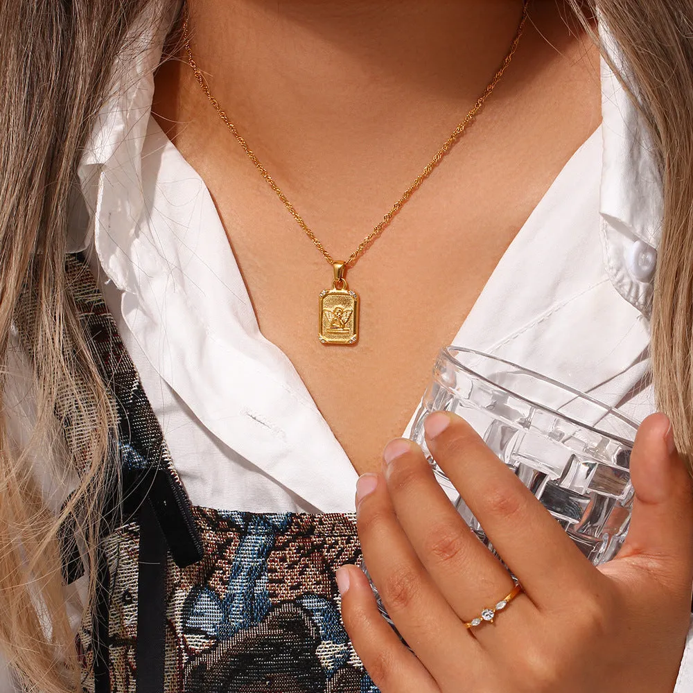 Wholesale Stainless Steel Square Zircon Angel Square Necklace