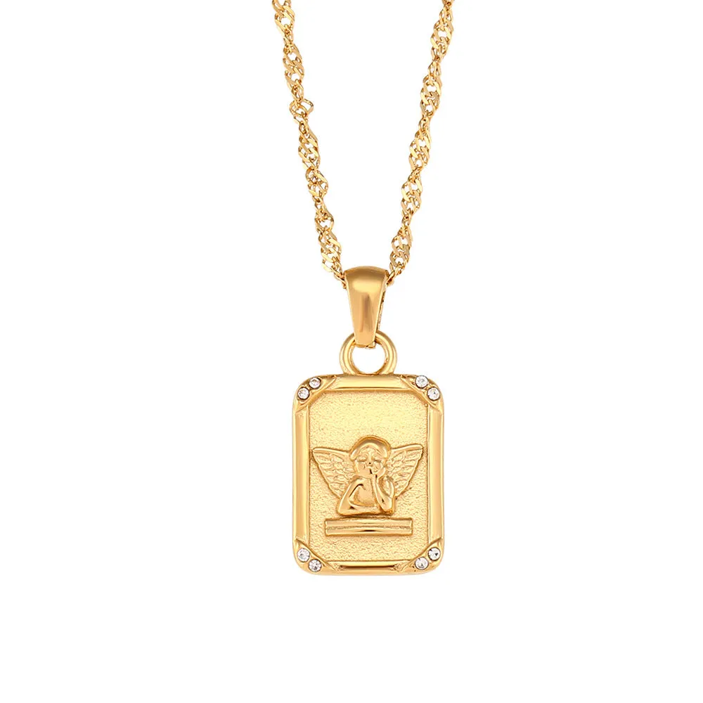 Wholesale Stainless Steel Square Zircon Angel Square Necklace