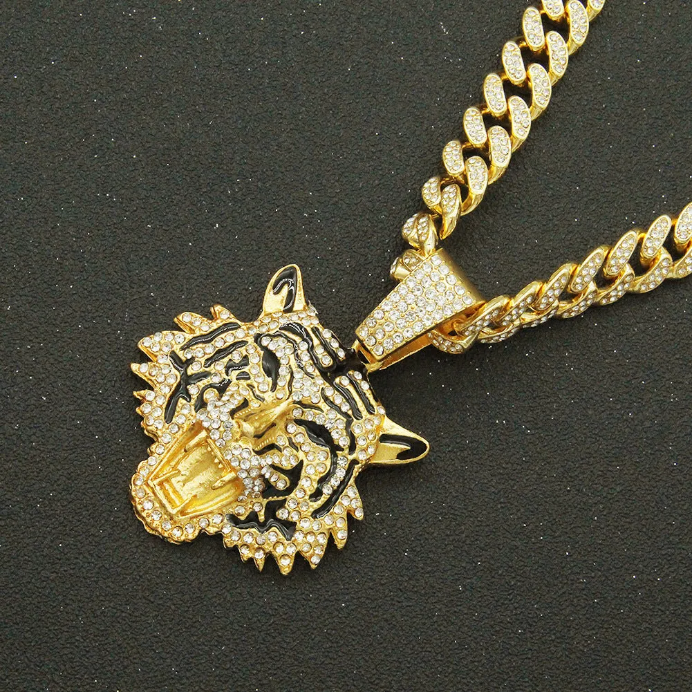 Wholesale Three-dimensional Full Diamond Painting Oil Tiger Head Pendant Cuban Chain Necklace