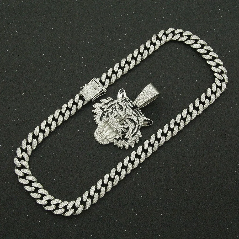Wholesale Three-dimensional Full Diamond Painting Oil Tiger Head Pendant Cuban Chain Necklace