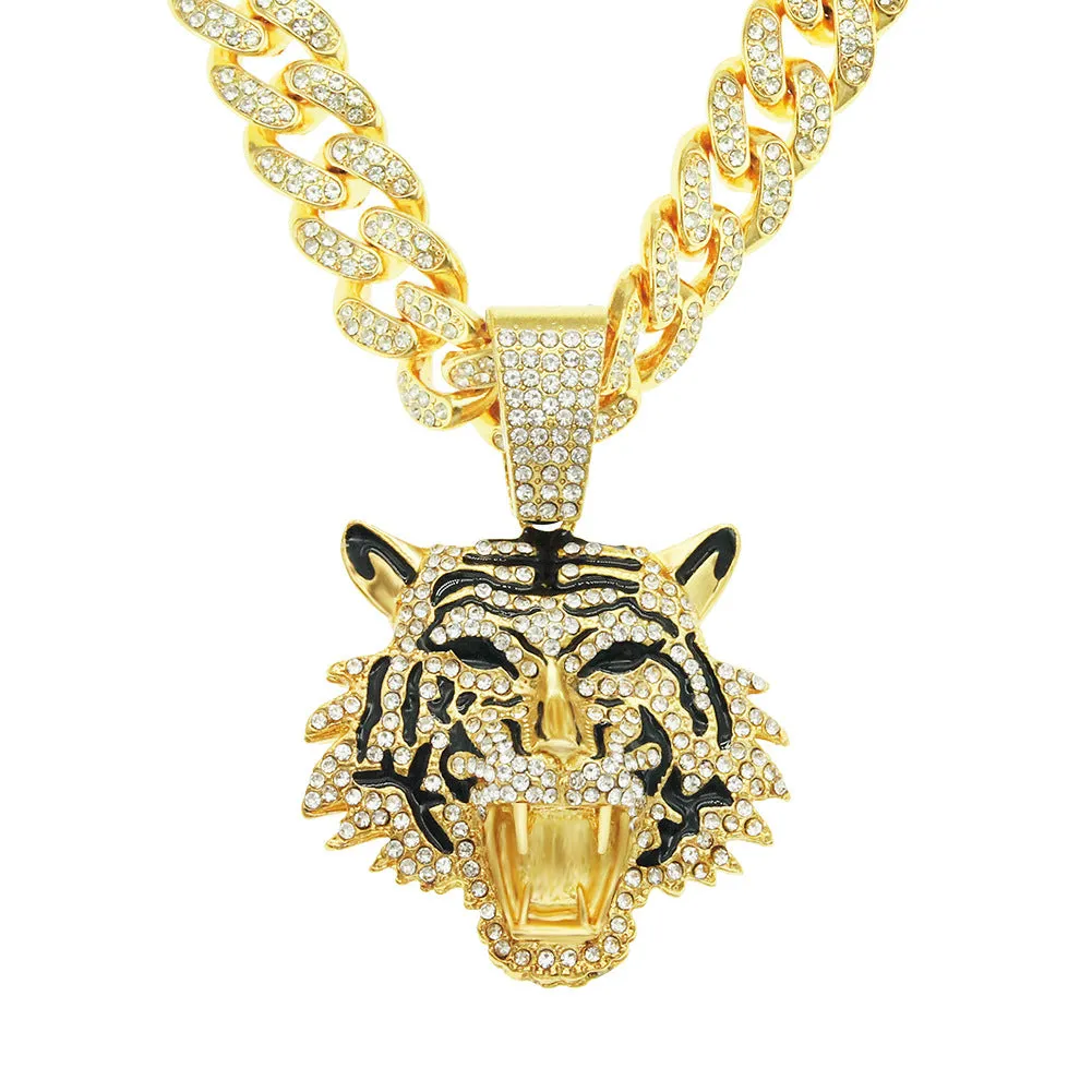 Wholesale Three-dimensional Full Diamond Painting Oil Tiger Head Pendant Cuban Chain Necklace