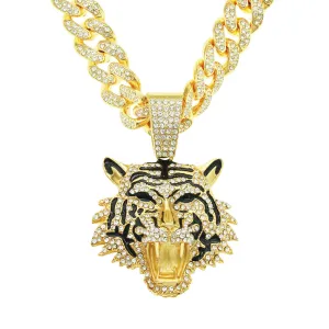 Wholesale Three-dimensional Full Diamond Painting Oil Tiger Head Pendant Cuban Chain Necklace