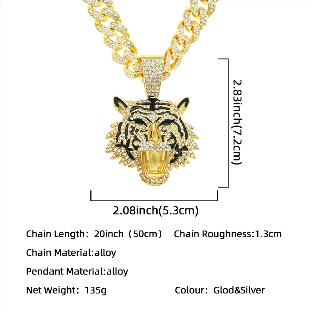Wholesale Three-dimensional Full Diamond Painting Oil Tiger Head Pendant Cuban Chain Necklace
