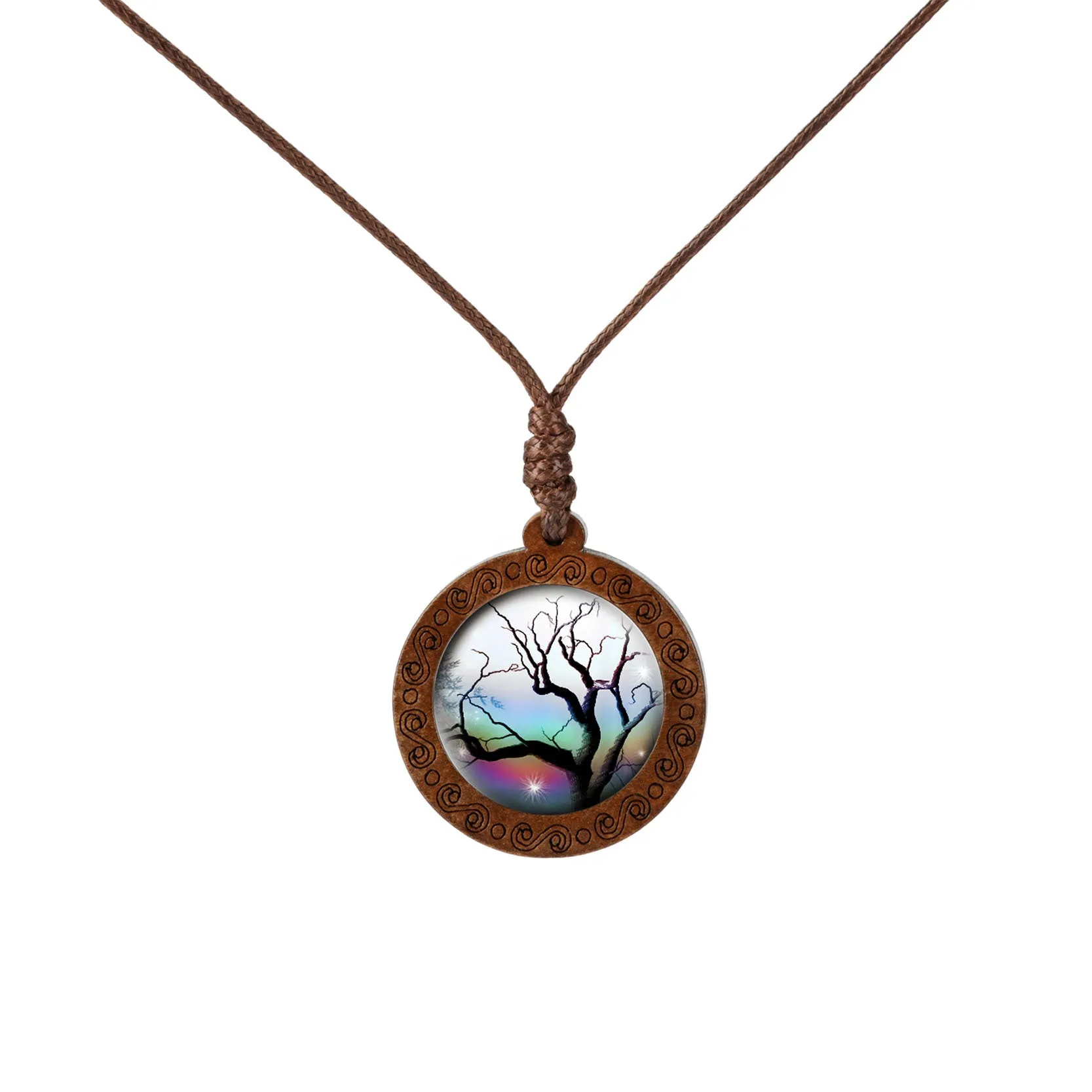 Wholesale Wooden Tree of Life Time Stone Glass Pendant Necklace