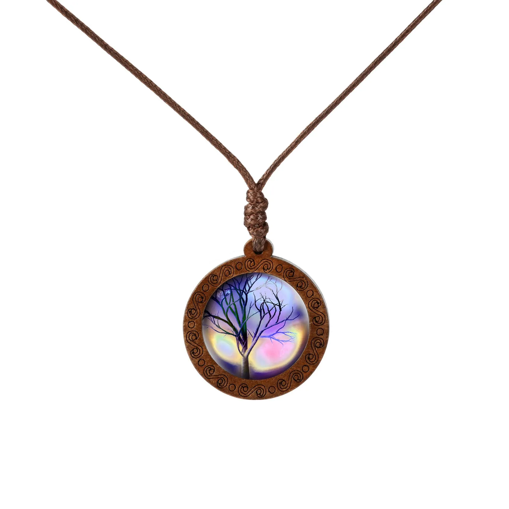 Wholesale Wooden Tree of Life Time Stone Glass Pendant Necklace